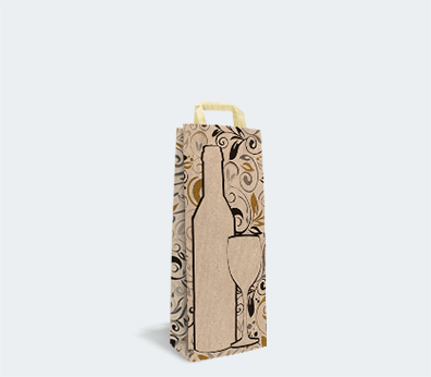 Gemusterte Papiertragetasche mit flachen Griffen für 1 Flasche Gemusterte Papiertragetasche mit flachen Griffen für 1 Flasche